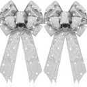 Giegxin 2 Pcs Large Silver Lighted Christmas Bows with Lights for Wreath and Tree Topper, 18x10 Inch Pre Lit Silver Wreath Bow Light up for Christmas Decorations for Front Door Windows Outdoor Indoor