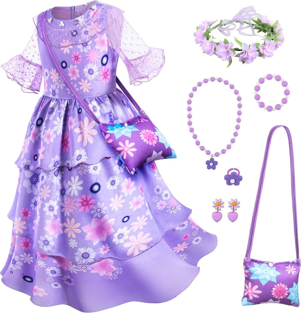 Purple Princess Costume Dress for Girls Birthday Halloween Party Dress Up with Bag Headband Necklace Earrings Ring (3-4T)
