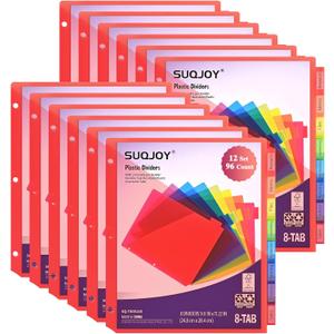 SUQJOY Binder Index Dividers with Tabs, 96 Count 3 Ring Binder Dividers with Pockets, 8 Tab Dividers for 3 Ring Binder, Plastic Sheet Protectors for US Letter Size, 8 Color Tab Dividers,12 Packs