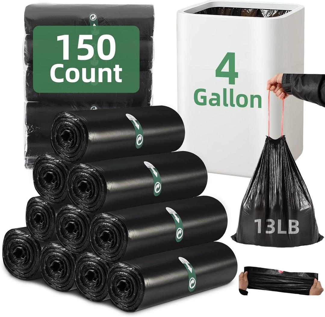 4 Gallon Small Trash Bags 150 Counts Garbage Bags Extra Strong Drawstring Bathroom Trash Bags Small Garbage Bags Black Trash Bag for Bathroom Bedroom Office Kitchen Trash Can
