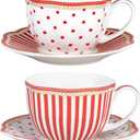 Red Dot Stripes Scallop 9-Ounce Porcelain Tea/Coffee Cup and Saucer, Set of 2