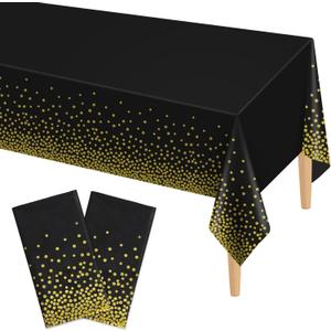 Kopokita 2 Pack Black and Gold Dot Disposable Tablecloths 54"x108", Waterproof Plastic Table Covers for Weddings Birthday Engagement Party Baptism Decorations