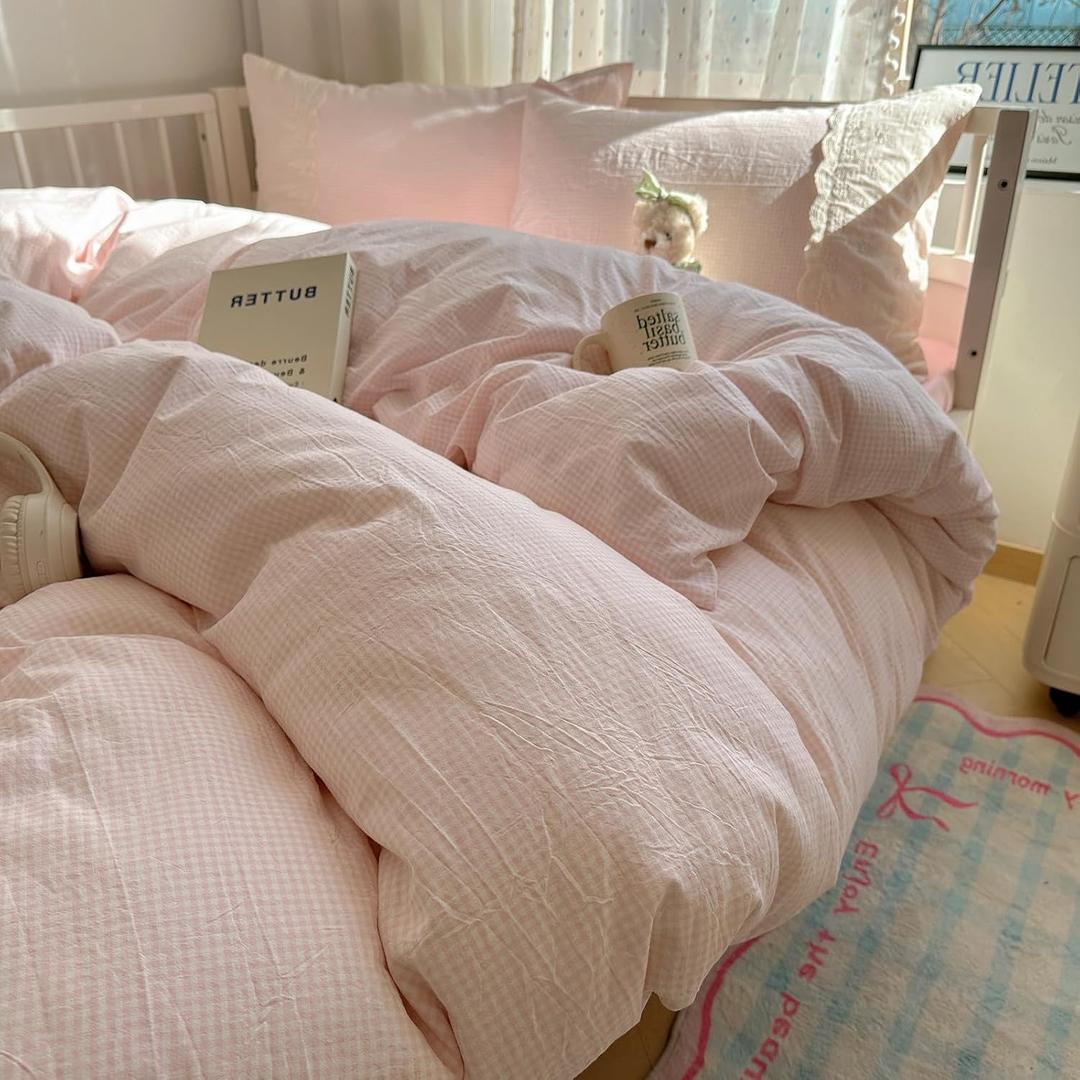VM VOUGEMARKET Pink Full Duvet Cover Set 3 Pieces Lace Bedding Set Simple Cozy Plaid Checkered Comforter Cover with Zipper Ties for Teen Girls