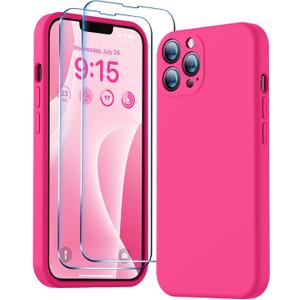 BossKiss Compatible with iPhone 13 Pro Max Case, Premium Liquid Silicone Case [Velvety Touch] [2 Pcs 9H Tempered Glass Screen Protector], Camera All-Round Protection Shockproof Kit Case, Hot Pink