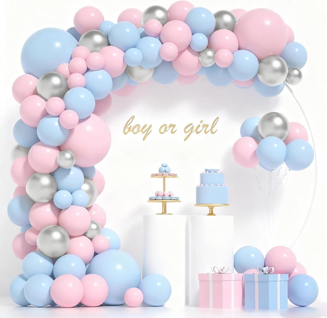 2 x 139 Pieces Gender Reveal Balloon Garland Arch Kit with Pink and Blue Balloons, Silver Balloons for Boy or Girl, Gender Reveal Decorations, Birthday Party