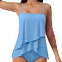 SUUKSESS Women Tummy Control Tankini Swimsuit Ruffle High Waisted Bathing Suit (Blue, M)