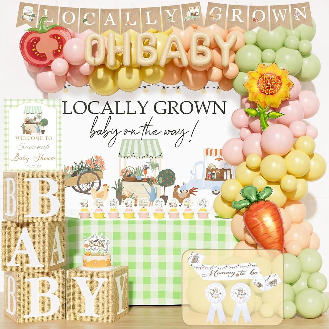 Locally Grown Baby Shower Decorations  129 Pcs Locally Grown Baby Shower Themed Party Supplies with Backdrop, Balloon Garland, Balloon Boxes, Banner, Cake Topper, Sash, Badges