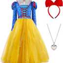 Princess Costume for Girls Princess Snow Cosplay Dress Halloween Dress Up with Headband Necklace (6Years-8Years, Yellow)