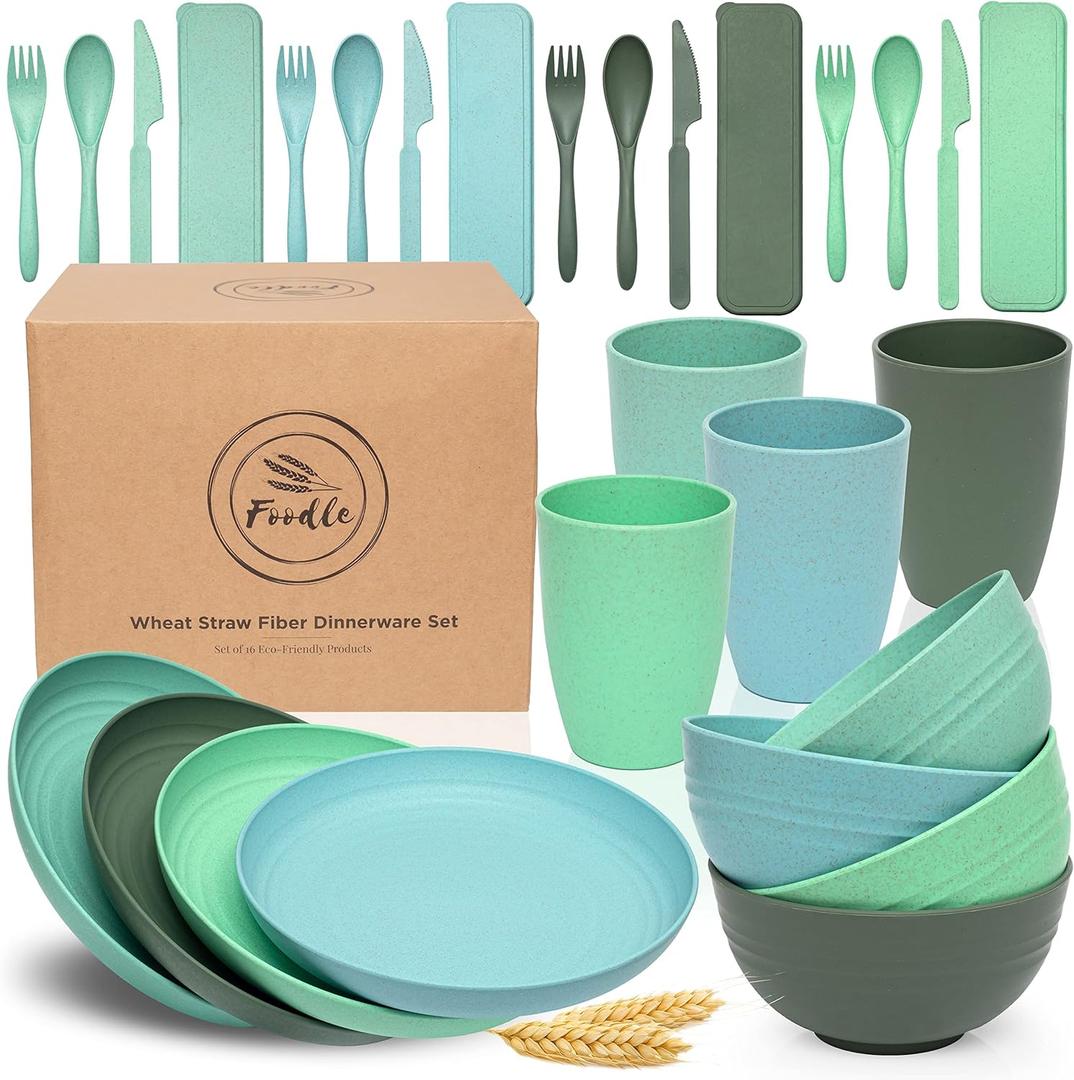 FOODLE Wheat Straw Dinnerware Set - BPA Free & Safety Tested - Microwave & Dishwasher Safe Dishes - Perfect for Camping, Picnic, RV, Dorm - Plates, Cups and Bowls - Great for Kids & Adults - For 4 (Green & Blue)
