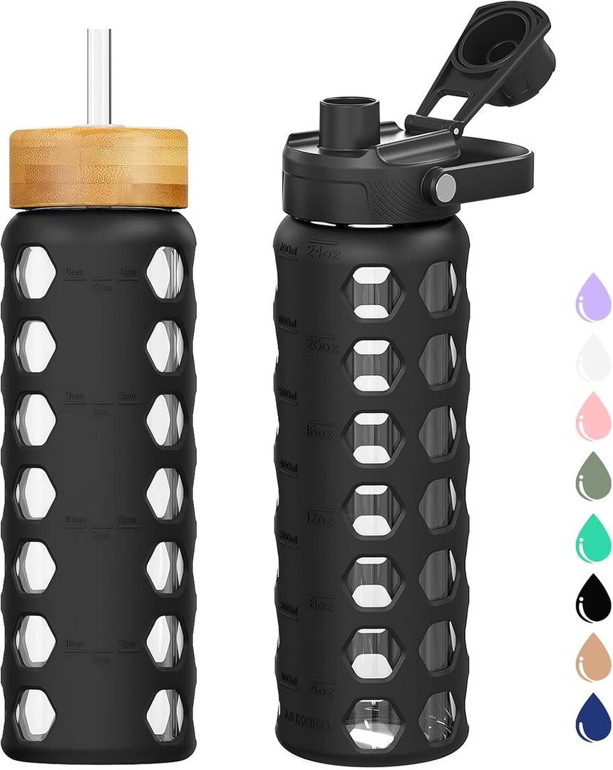 MUKOKO Glass Water Bottles, 24oz Glass Tumbler with Straw, Drinking Bottles with 2 Lids-Handle Spout Lid&Bamboo Straw Lid, Motivational Water Bottle with Time Marker and Silicone Sleeve, 1 Pack-Black