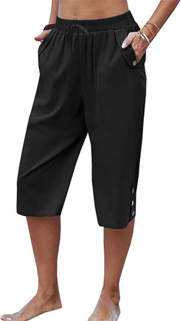 Larmliss Womens Casual Capri Pants Elastic Waist Solid Color 3/4 Wide Leg Summer Trousers with Pockets (Black, XL)