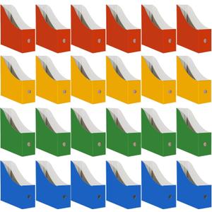 Limitliho 24 Pack Cardboard Magazine Holder for Shelves, Multi-Color Book Bins for Classroom Library, Sturdy File Box Organizer with Label(10.6" H x 10.2" L x 3.5" W in)