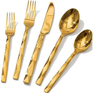 KINGSTONE Gold Silverware Set, Luxury 40 Piece Flatware Set for 8, 18/10 Stainless Steel Cutlery Set with Diamond Cut Pattern for Kitchen, Home, Wedding, Party, Mirror Polished and Dishwasher Safe