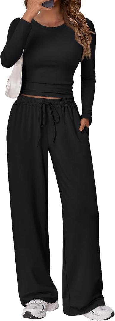 Trendy Queen Women's 2 Piece Matching Lounge Set Long Sleeve Side Ruching Top Wide Leg Drawstring Pants Set with Pockets (Medium, Black)