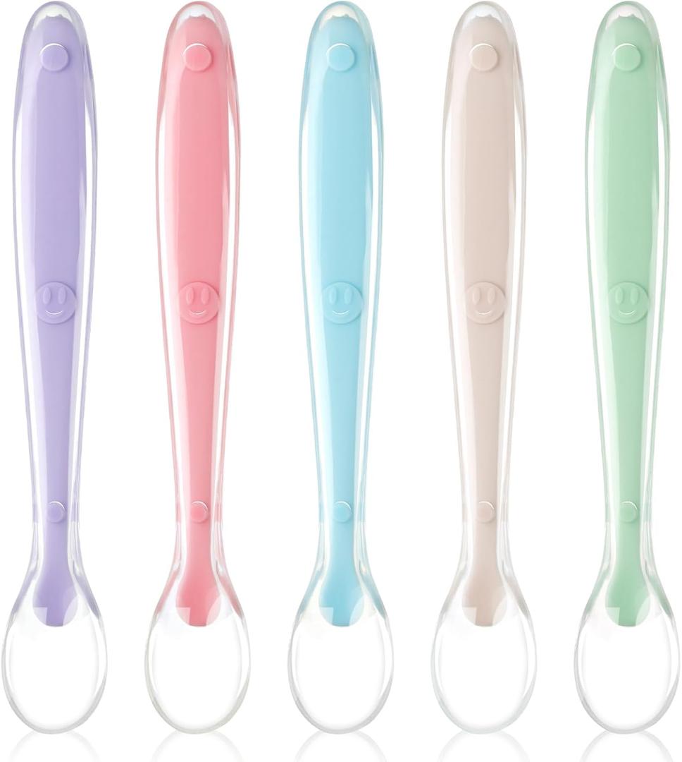 Vicloon Baby Silicone Spoons, 5 PCS Baby Training Feeding Spoons for First Stage 4 Months Toddlers, Infants Utensils Feeding Supplies, Soft Tip BPA Free Gum-Friendly Dishwasher Boil-Proof (Macaron Color)