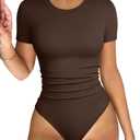 OQQ Women's Crew Neck Short Sleeve Bodysuit Ruched Stretch Vacation Basic for Tops Spring & Summer (Medium, Darkbrown)