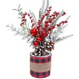 Tabletop Christmas Mistletoe Tree with 2 Pine Cones, 3 Red Balls, 3 Berry Stems & Candy Cane - 12.6in Buffalo Plaid Burlap-Wrapped Base, Artificial Mini Holiday Decor for Indoor Tables