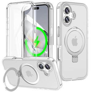 Turquiase for iPhone 17 Full Body Shockproof Case with Magnetic Invisible Stand [Compatible with MagSafe] Built-in Screen Protector Military Drop ProtectionTranslucent iPhone Cover -White