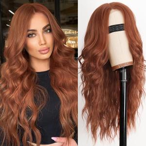 AISI HAIR Auburn Wigs for Women, Long Wavy Lace Hairline Middle Part Synthetic Heat Resistant Wig for Daily Party-26 Inch