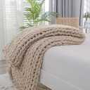 Bigacogo Chunky Knit Throw Blanket for Couch, 40x60 inches, 100% Hand Knitted with Thick Jumbo Chenille Yarn, Cozy Soft Large Rope Knot Cable Crochet Blankets for Sofa Bed Living Room, Taupe