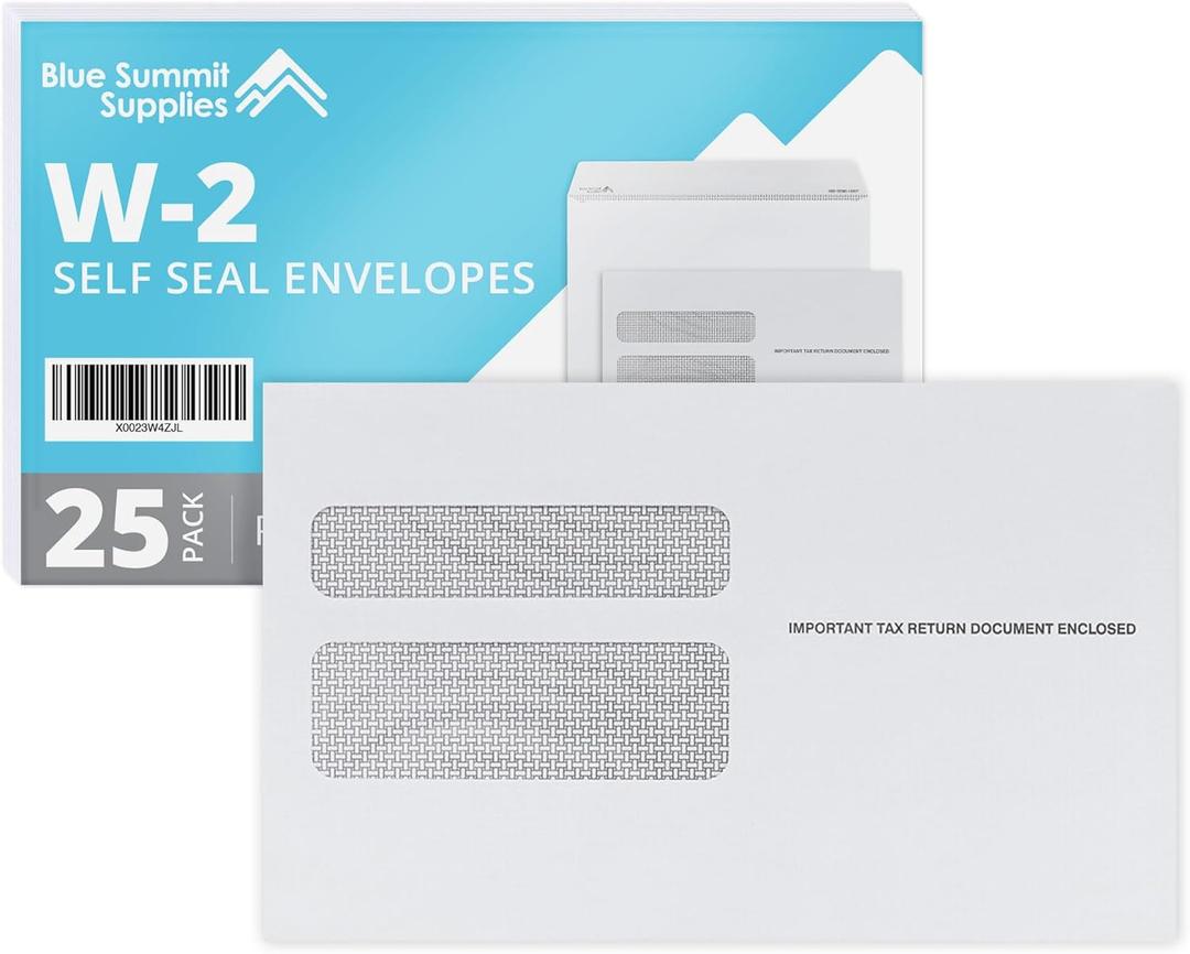 Blue Summit 25 W2 Envelopes 2025 Self Seal, W-2 Double Window Security Envelopes for 2 UP IRS Tax Forms from QuickBooks Online, Desktop, ADP and Other Software, 5 5/8 x 9, 25 Form Envelopes