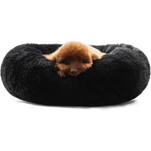 HACHIKITTY Calming Donut Cuddler Dog Bed, Round Fluffy Pet Bed for Small Dogs,Washable, Large, Black, 24''