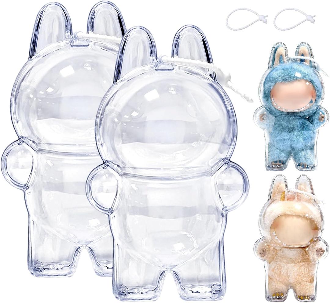 2PCS Protective Case for Monster Doll - Clear Standing Display Case, Plastic Portable Storage Box Cover with Silicone Strap for Mini Collectible Dolls ( Doll Not Included )