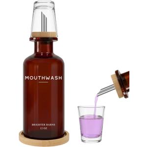 Amber Glass Mouthwash Dispenser for Bathroom by Brighter Barns - Refillable Mouthwash Container and Glass Cup - Modern Mouth Wash Dispensers for Bathroom - Boho Decor for Office, Airbnb, Hotel (Amber)