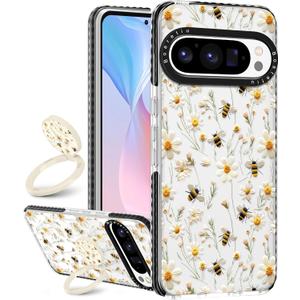 Boaretiu Cute Kawaii Case for Google Pixel 9Pro XL Phone Case with Kickstand - Fashion 360 Sticky Rotate Ring Holder Design for Women Girls Girly for Google Pixel 9Pro XL Case, Flower Honey