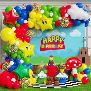 Red Blue Green Yellow Balloon Garland Kit with Confetti Cloud Mushroom Star Balloons for Bros Party Cartoon Video Game Theme Birthday Party Supplies