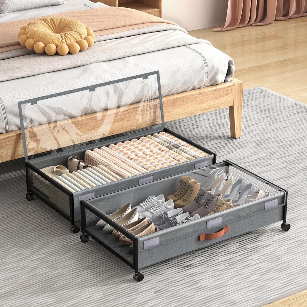 Under Bed Storage with Wheels, XXL Larger Under Bed Storage Containers with Clear Lids, 31'' Lengthen Underbed Shoe Organizer for Shoes Clothes(Grey 2 Pack, XXL(31"x16.6"x7.48"))