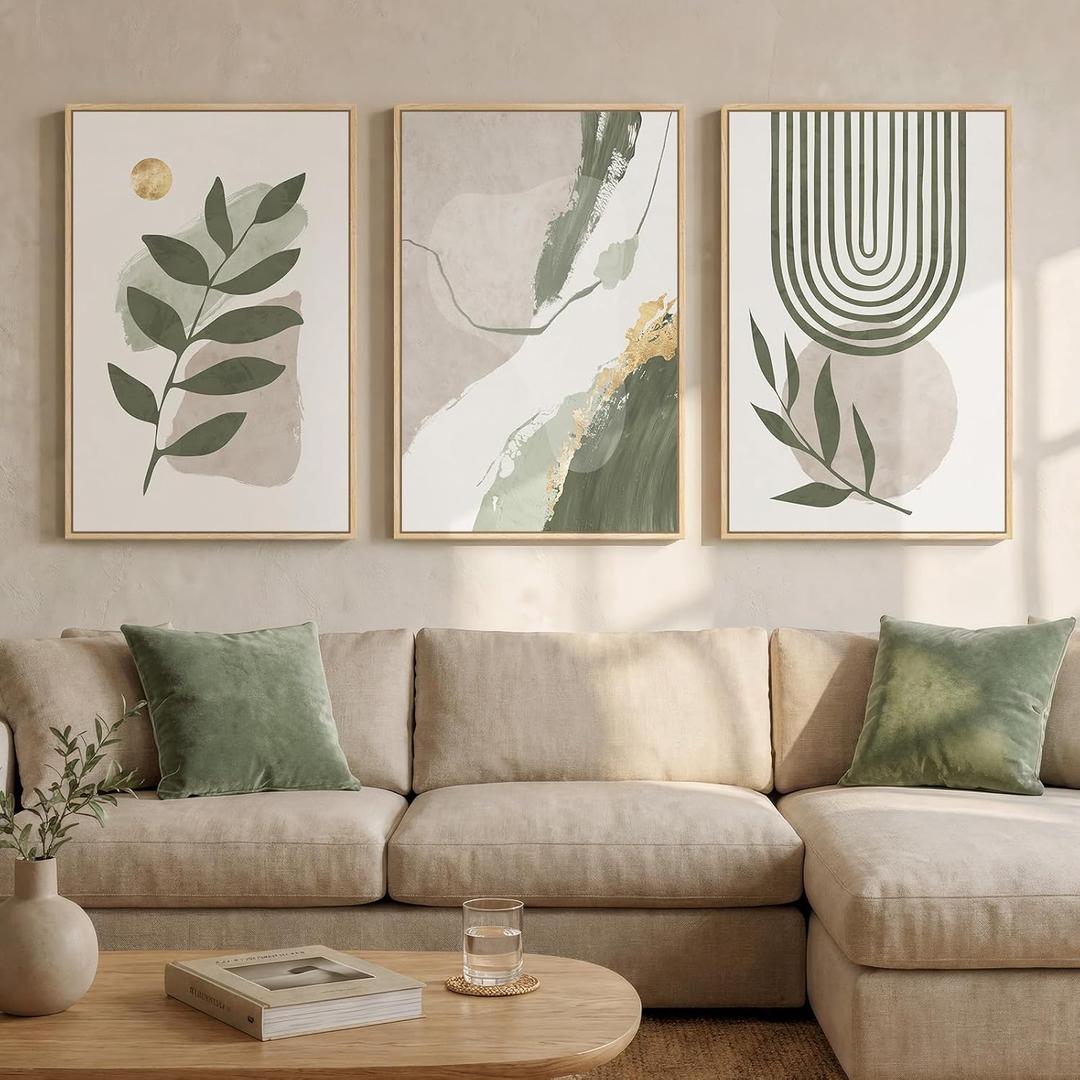 Large Framed Abstract Boho Sage Green Wall Art for Living Room, 24x36 Inch, 36" H x 24" W x 3Pcs