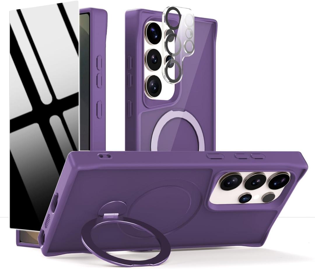 Privacy Case for Samsung Galaxy S25 Ultra,360 Rotated Magnetic Ring Stand Phone Case with Screen Protector & Camera Cover,[Compatible with Magsafe] Military Protection Samsung S25Ultra Cover,Purple
