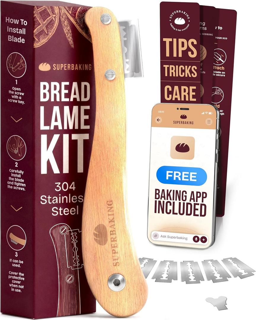 Superbaking Bread Lame - Sourdough Scoring Tool with 5 Extra Blades - Baking Supplies for Home Bakers - Sourdough Razor Scorer - Bread Making Tools - Gift for Bakers - Premium Ergonomic Wooden Handle
