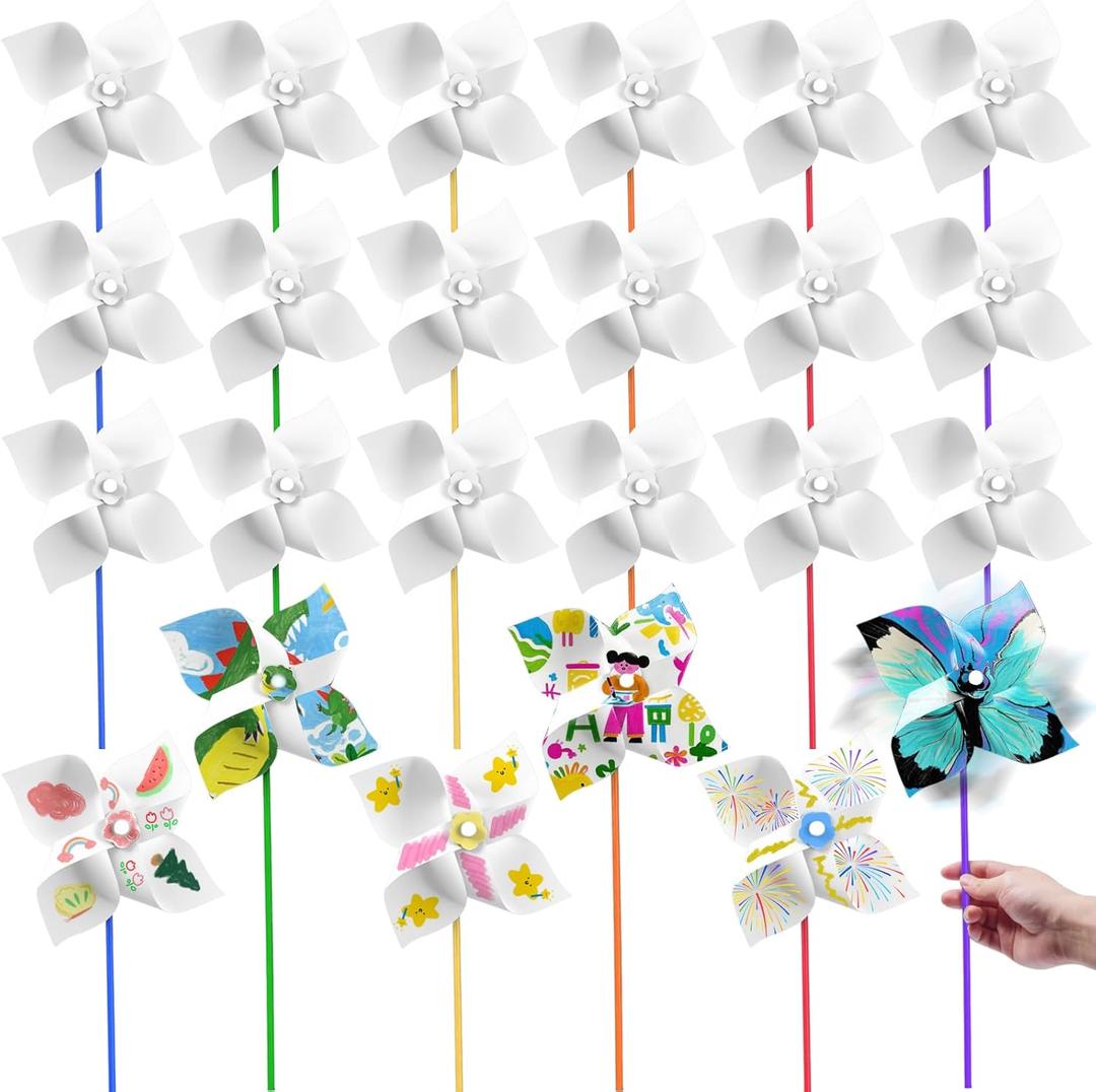 24-Pack Blank DIY Paper Pinwheels for Kids - Summer Craft Kit for Boys & Girls, School Group Activities, Daycare, Home Art Projects - White Unfinished Pinwheels for Graffiti, Coloring & Party Fun