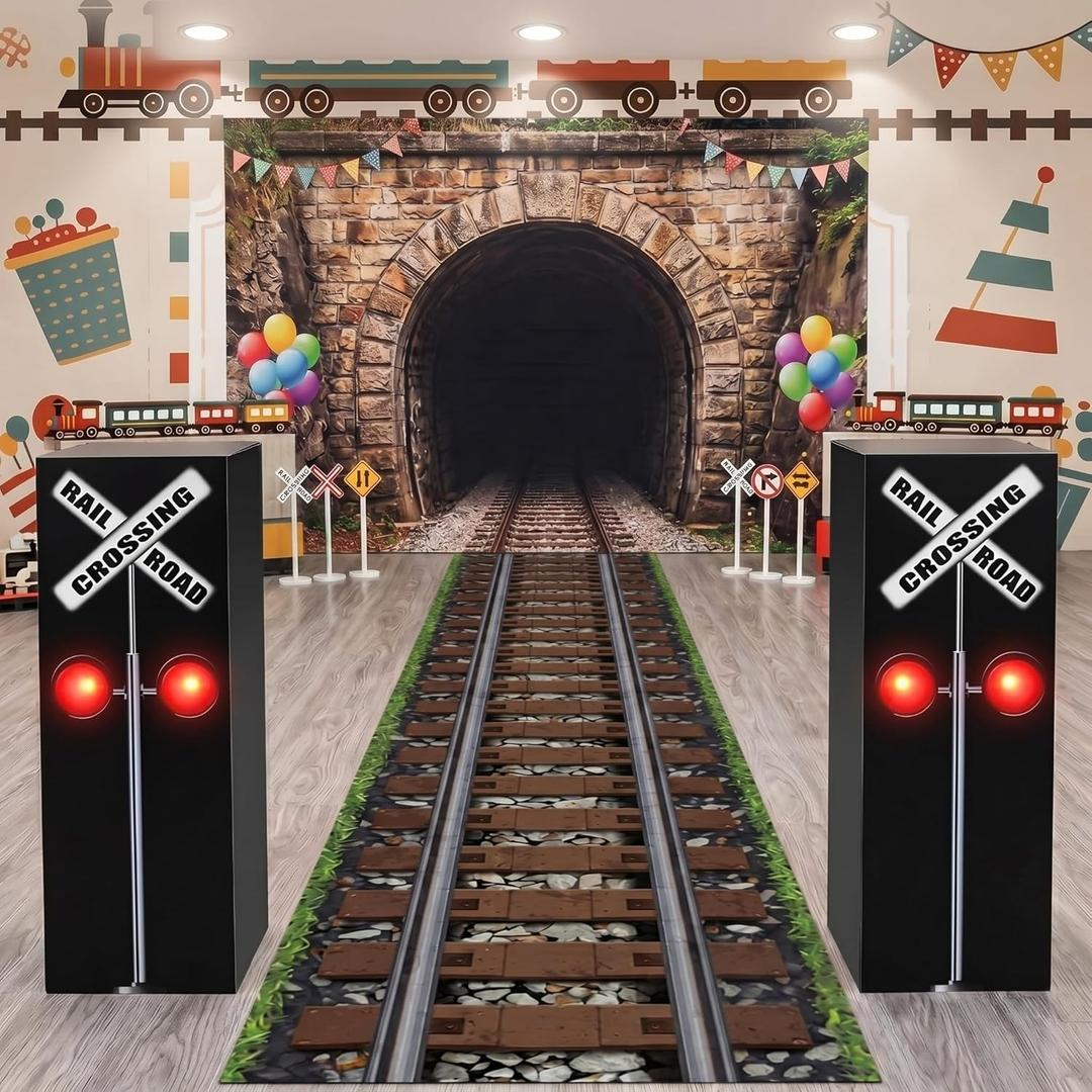 Teenyyou 3 Pcs Train Party Decorations 24 Inch x 20 ft Plastic Railroad Track Aisle Runner 17'' Traffic Crossing Sign Boxes for Wild West Western Home Floor Decor(Classic)