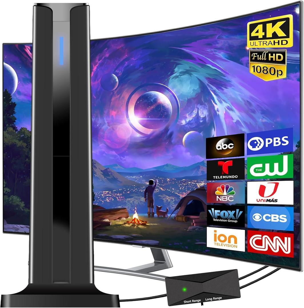 Digital Antenna for Smart TV Indoor, 2026 HD Antennas with 3M-Stick Base, 360&Long Range Reception 4k 1080p for Local Channels, Easy Setup Antenna for TV Without Cable (Black)