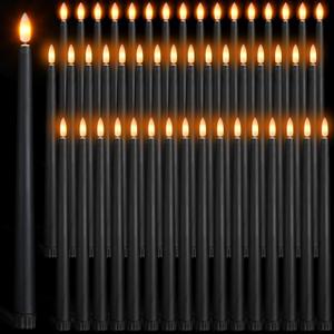 Handepo 48 Pack Flameless Taper Candles Realistic with Yellow Flickering Candlelights Plastic 11 Inch Last Long Battery Operated Window Candlestick for Halloween Christmas(Black)