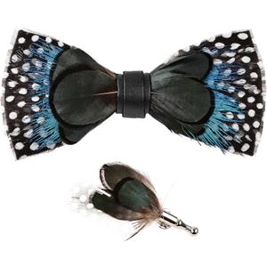 whitefeather Feathers Bow Tie Peacock Pre-tied Bow tie Brooch Sets for Men Adjustable Length Tuxedo Banquet Necktie (Black)