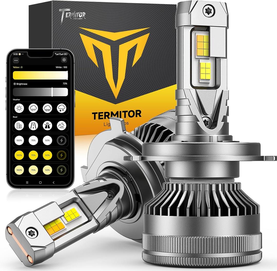 Termitor Smart H4 Light Bulb, 0-80000LM 1500% Super Brighter, App-Controlled Dimming & Color Temperature, 3000K Yellow to 6500K Cool White for Bluetooth 9003/HB2 Fog Light, Plug and Play, Pack of 2