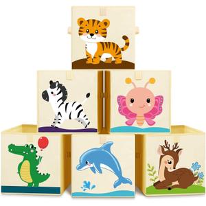 Kigley 6 Pcs Collapsible Cube Storage Bins Kids Foldable Storage Cube Organizer Fabric Toy Box Decorative Kids with Handles for Home Nursery Bedroom, 10.6 x 10.6 Inch(Vivid Animal)