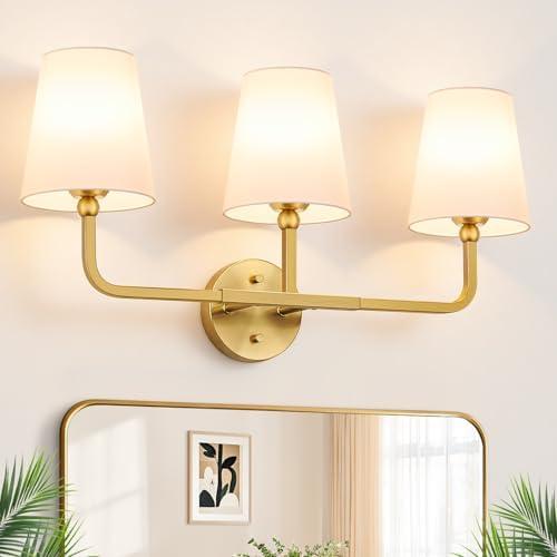 MOKATNG Bathroom Light Fixtures, 3-Light Brushed Gold Vanity Lights, Bathroom Lighting Fixtures Over Mirror with Flared White Fabric Shade, Modern Wall Sconces for Living Room Hallway