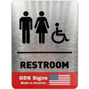 Unisex/Wheelchair Bathroom Sign by GDS - ADA Compliant, Wheelchair Accessible, Raised Icons, & Grade 2 Braille - Includes Adhesive Strips for Easy Installation - Bathroom Signs for Business, Restroom Sign, Restroom Signs for Business - 6" W x 8" H (Brushed Aluminum) - Made in USA