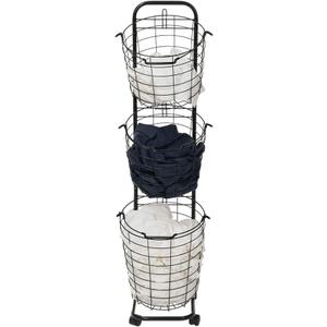 3 Tier Rolling Laundry Hamper with 3 Removable Wire Basket, Metal Sorter Storage Trolley Shelf Basket with Wheel, Tall Clothes Laundry Basket bin with Wheels-Black