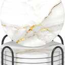 Nipichsha Coasters for Drinks, Set of 6 Cute Absorbent Ceramic Drink Coasters for Cup with Holder and Cork Base, Kitchen Home Decor Housewarming Gift, Round 4 in, Gold White (Luxury White Gold Marble 02)