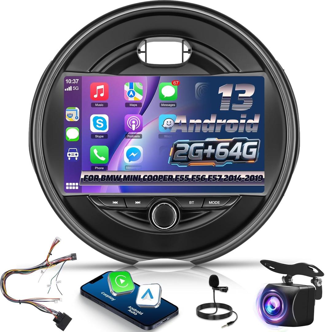 Upgrade 2G+64G Car Stereo for BMW Mini Cooper F55 F56 F57 2014-2019 (5 Door Without OEM Nav Screen) with Wireless Carplay/Android Auto - 9 Inch Android Touchscreen Radio with WiFi, GPS, EQ, SWC