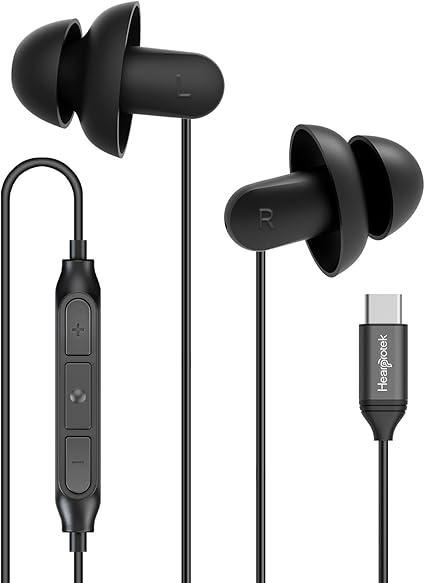 Hearprotek Sleep Headphones, 1 Pair USB C Wired Earbuds with Soft Silicone Noise Reduction Type C Earbuds with Microphone, Ideal for Sleeping, snoring, Relaxation (Black)