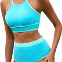 Zando High Neck Swimsuits for Women 2025 Color Block Modest 2 Piece Bikini Set High Waisted Tummy Control Bathing Suit (Large, Blue & Green Splicing)