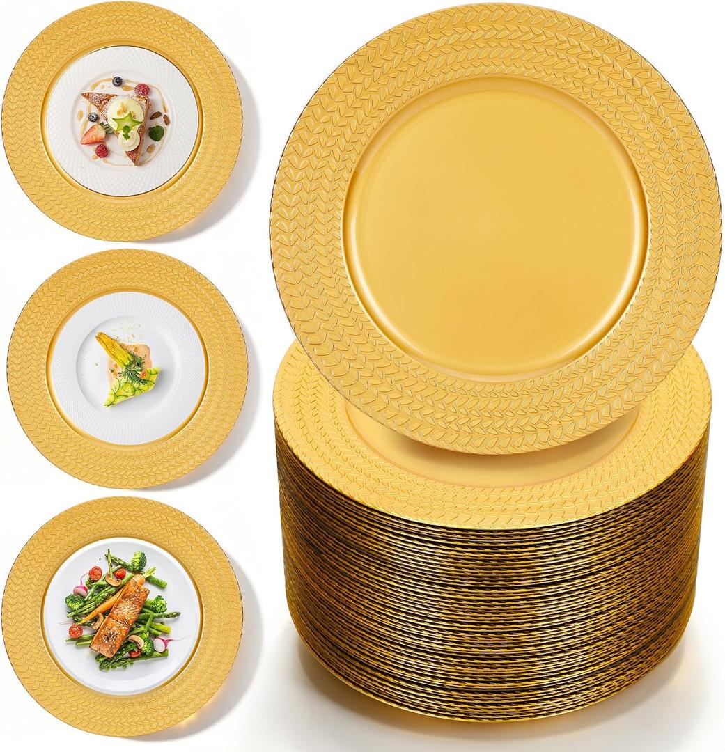 Gold Charger Plates Bulk 50Pcs, 13" Plastic Chargers for Wedding | Reinforced PP Plastic / Shatterproof / Colorfast Gold / Reusable & Easy-Clean / Christmas & Wedding / Textured Edge Chargers