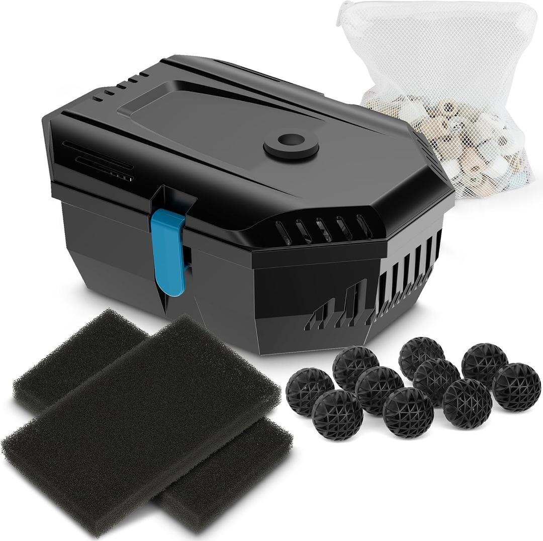 NFESOLAR Small Pond Filter for Outdoor Ponds Fish Tank 50-600 Gallon, Filter Box Protect Submersible Pump with Filter Pads, Bio-Balls and Ceramic Filter Rings N9200
